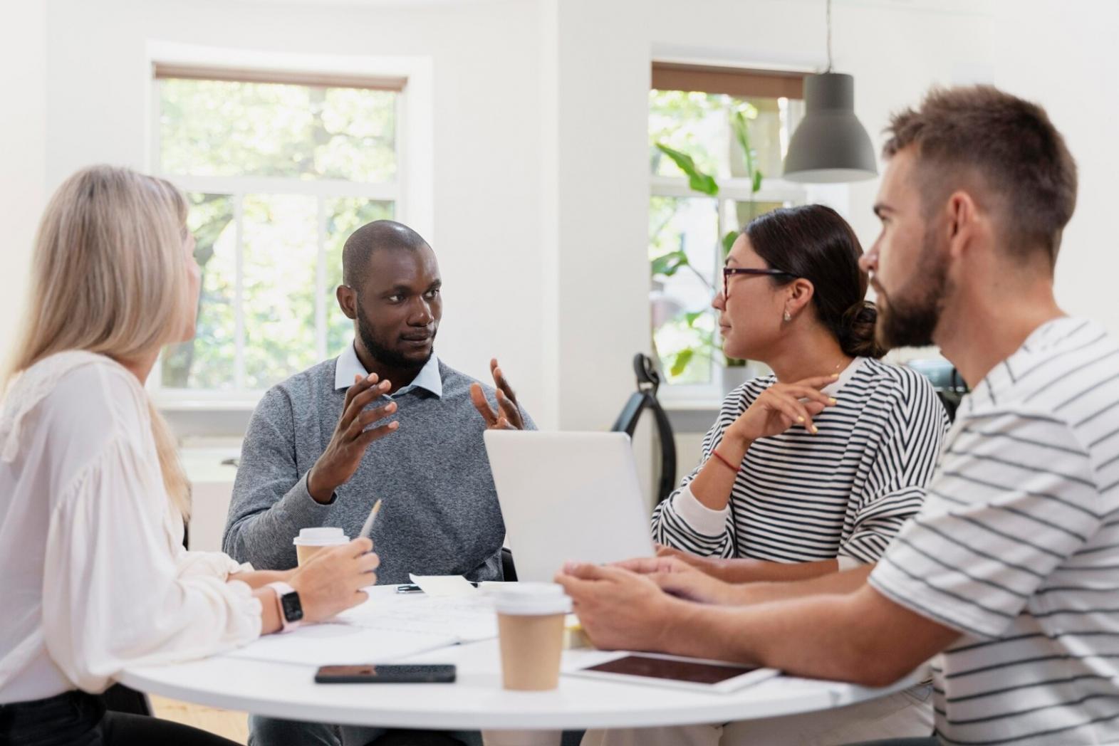 Team collaboration on financial planning and business strategy